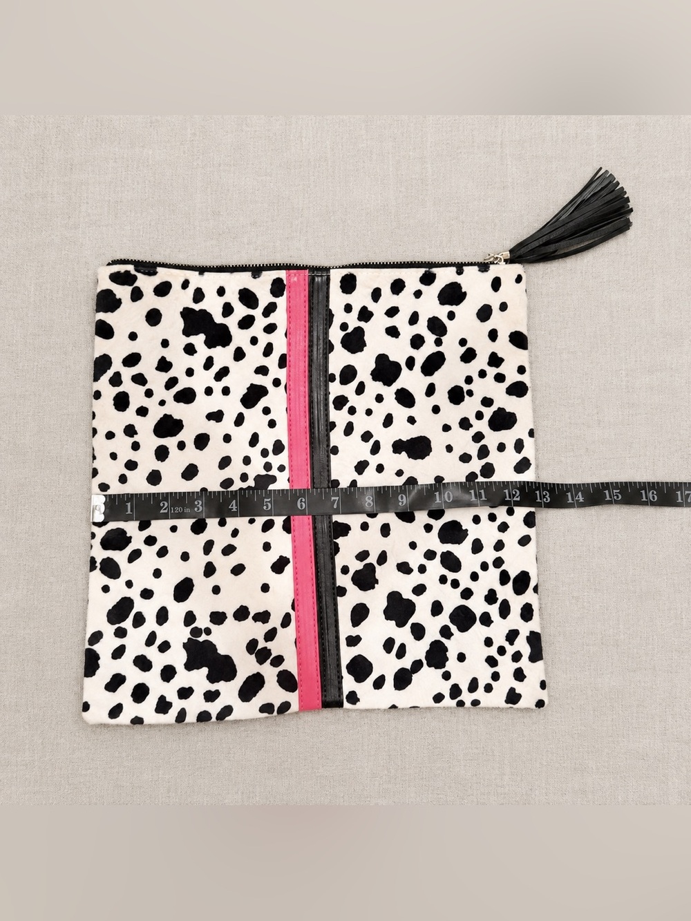 Black White Dalmatian Collection Clutch Pink Stripe Foldover Purse with Tassel - Picture 9 of 10